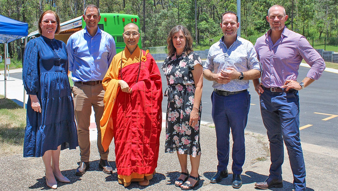 Mayor Jon Raven (second from right) with Cr Lisa Bradley (centre right) and (from left) Clarks Logan City Bus Service’s Kaylee Clark, Federal Member for Rankin Jim Chalmers, Abess Man Wang and State Member for Springwood Mick de Brenni.