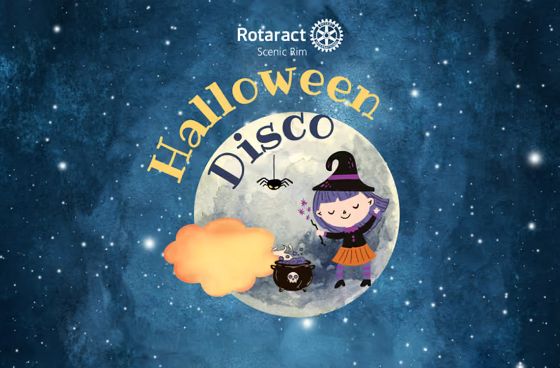 Starry night background with illustrated witch and broomstick at the centre