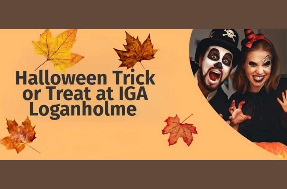 Man and women in Halloween face paint with autumn leaves falling