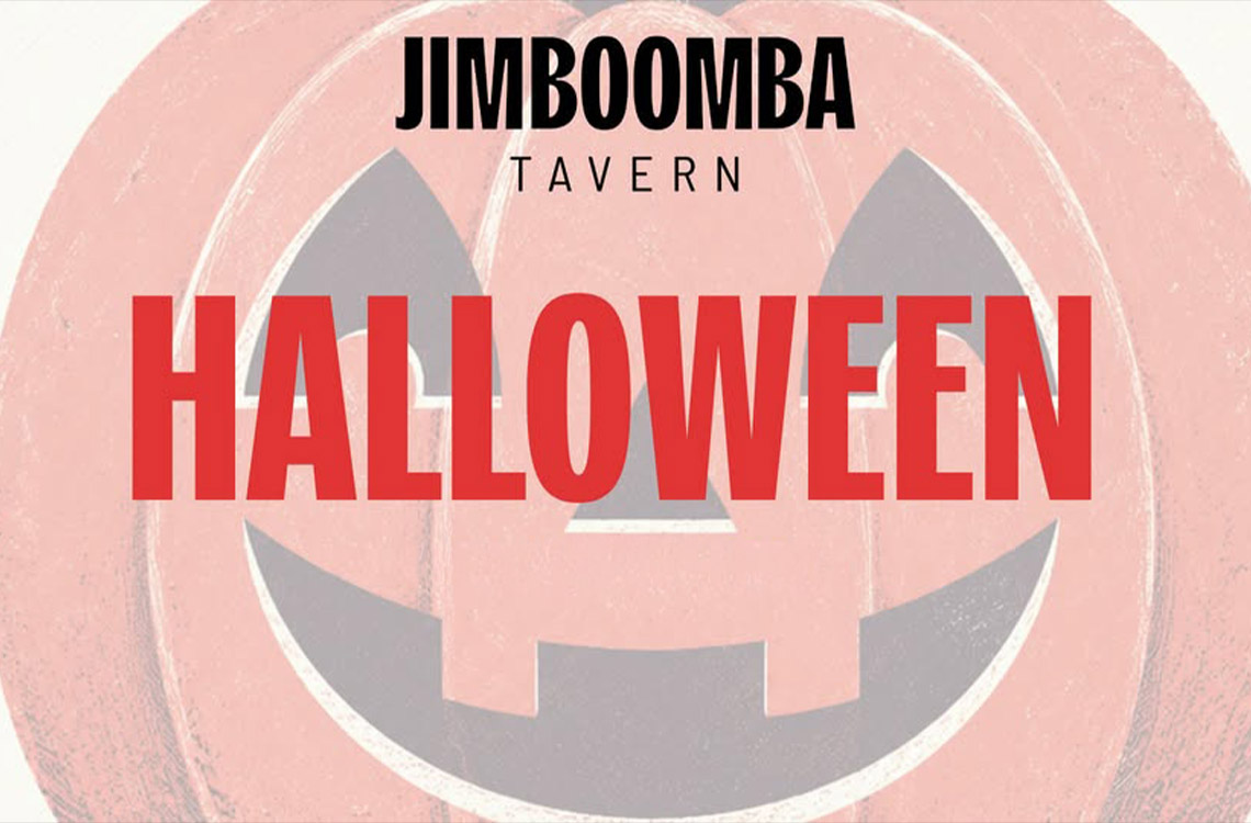 Illustration of a pumpkin with words over the top saying Jimboomba Tavern Halloween