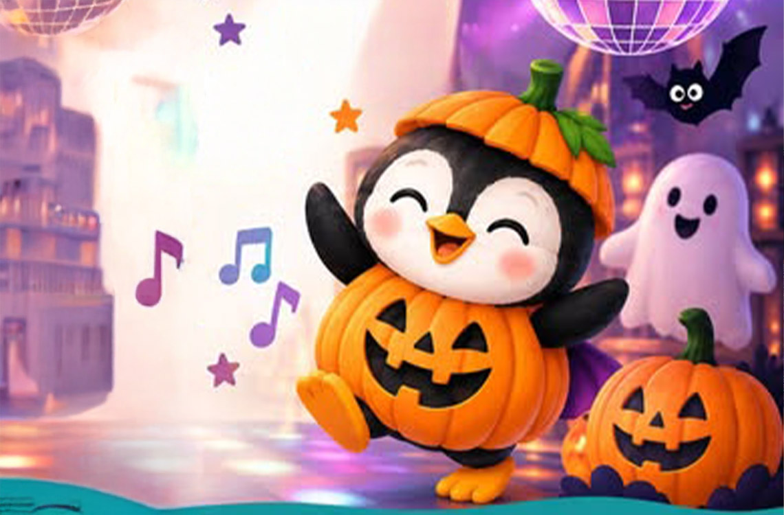 Illustration of penguin and ghost dancing