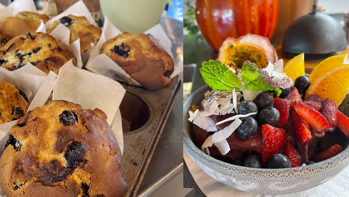 Muffins and a fruit bowl 