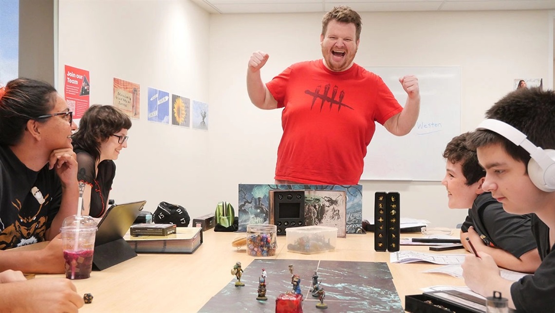 Josh McVeigh about to throw the multi-sided dice