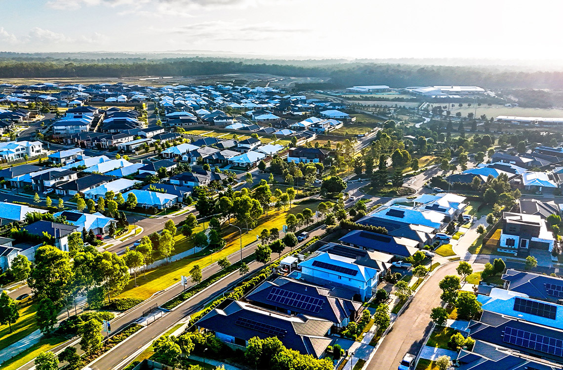 Aerial photo of houses and streets
