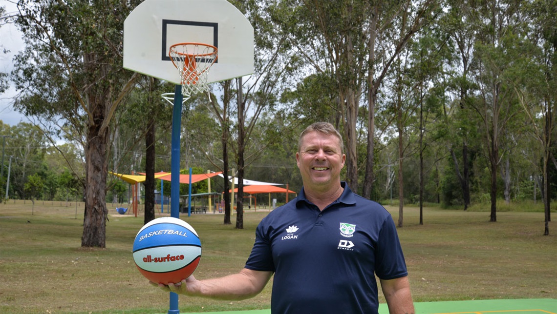 Councillor Scott Bannan at the new Brushwood Park basketball court in Cedar Grove.