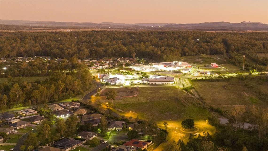Aerial view of Logan City at dusk