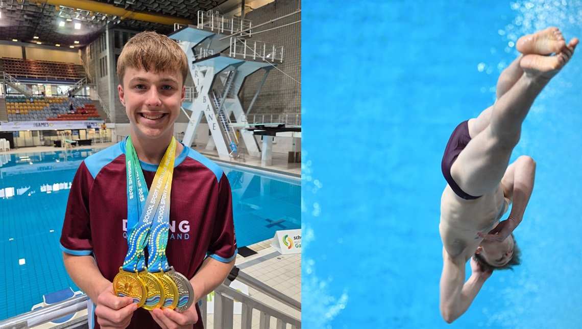 Lincoln Eden holding 3 gold medals and one silver medal