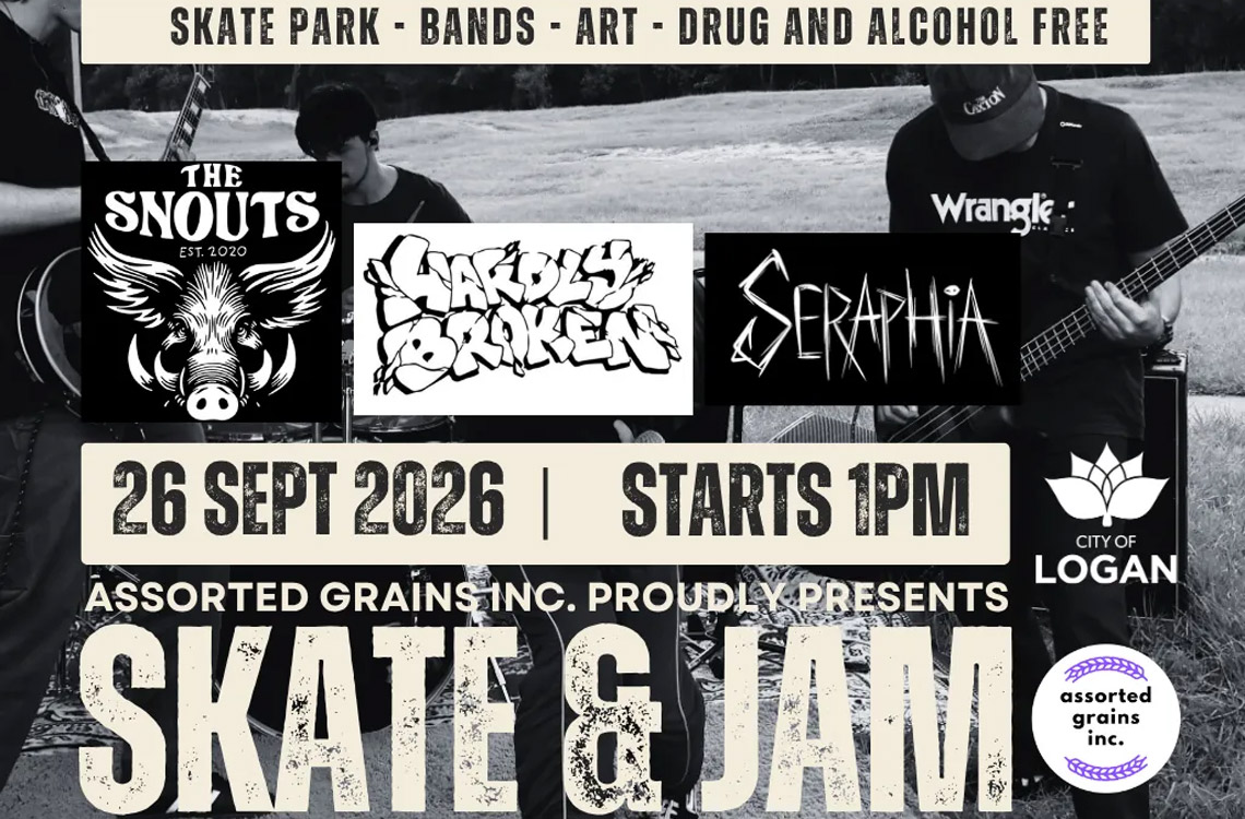 Band playing with text over the top about Skate & Jam