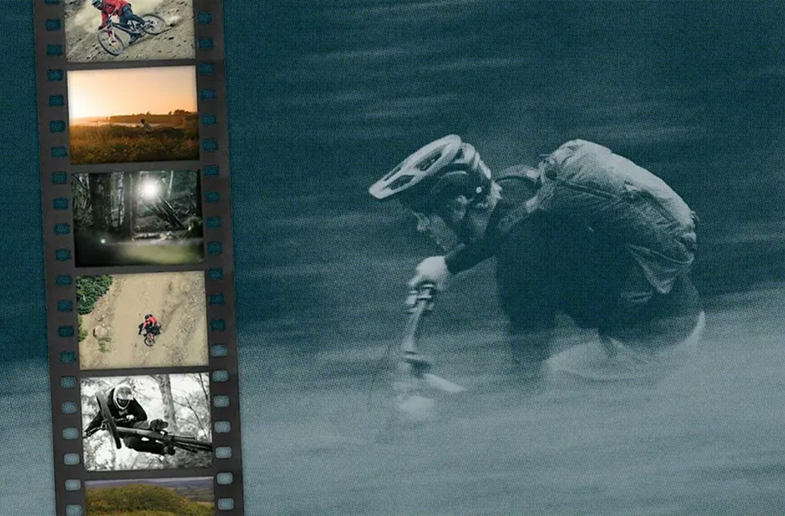 Man riding a mountain bike with various moutain biking images down the side in a film negative strip